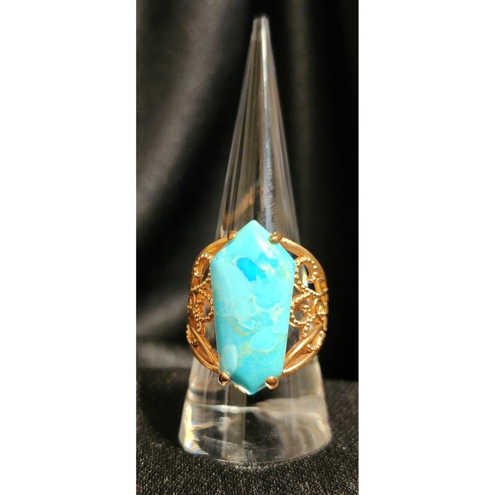Signed BBJ Rose Gold Tone Filigree Statement Ring Faux Stone Hexagon Size 8.5
